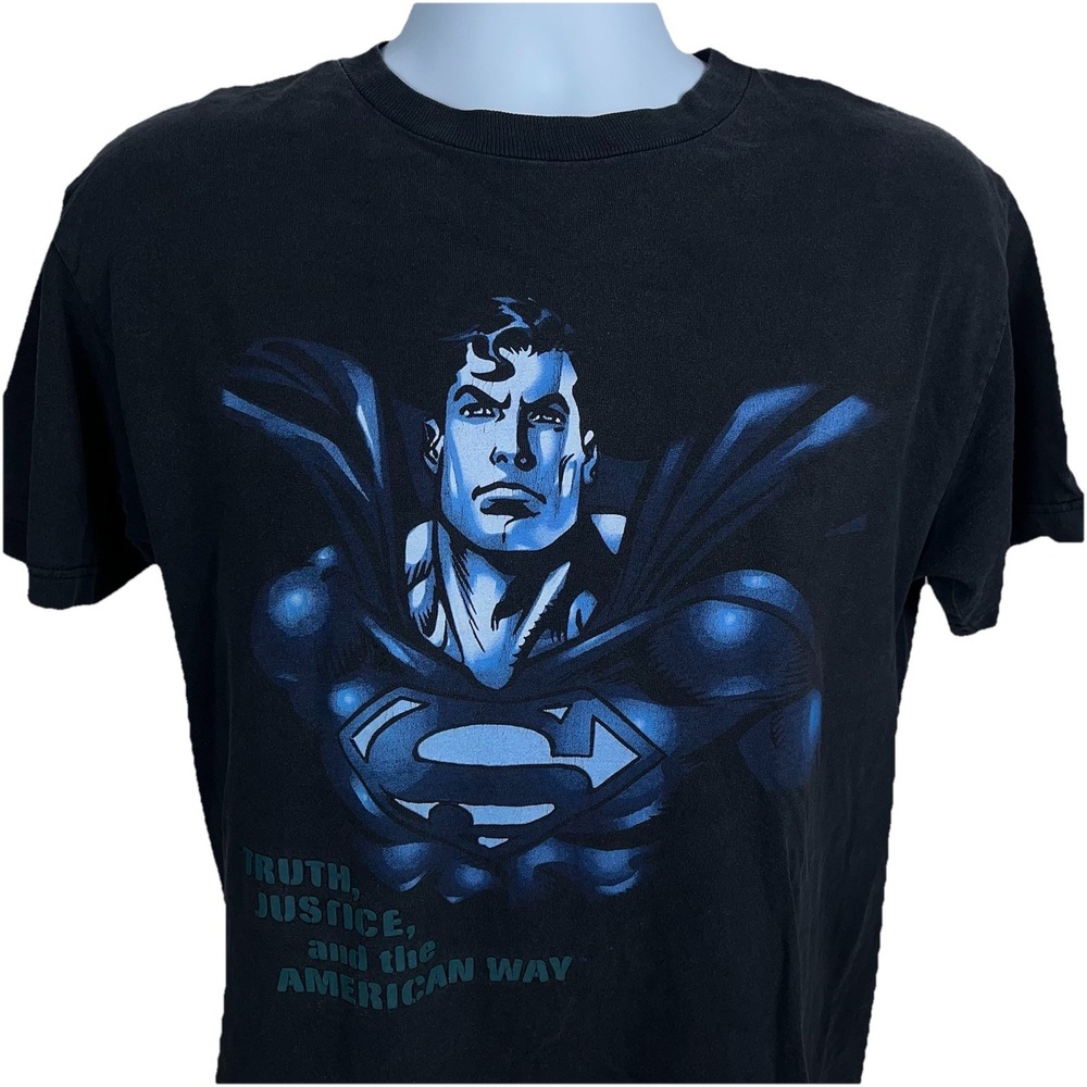 Vtg Superman‎ Shirt Medium Black Comic Cartoon Art Faded Y2K USA Truth Justice